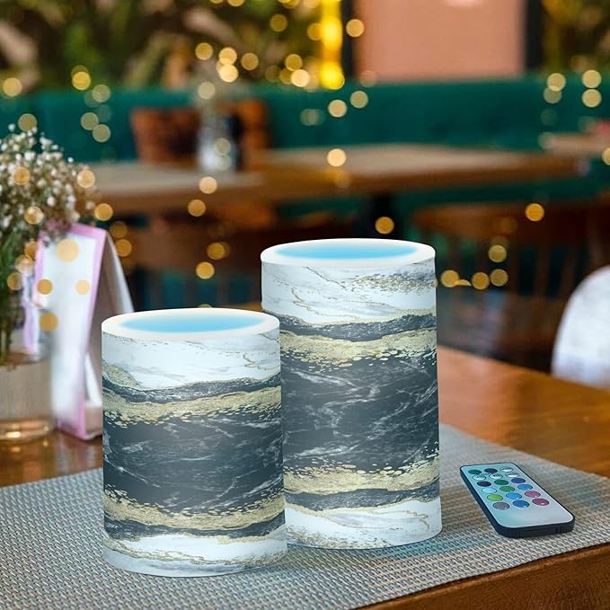 Flickering Flameless Candles, Black White Marble Gold Veins LED Candles with Remote Timer, Set of 2 Battery Operated Candle for Valentine Wedding Birthday