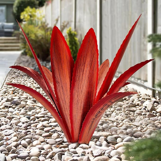 Enlarge Thickened Wind Resistant Metal Agave Garden Art Metal Plant Country Garden Sculpture Statue Outdoor Decoration Agave Metal Plant Courtyard Garden Lawn Ornament Gift (2, 12 Leaves red)