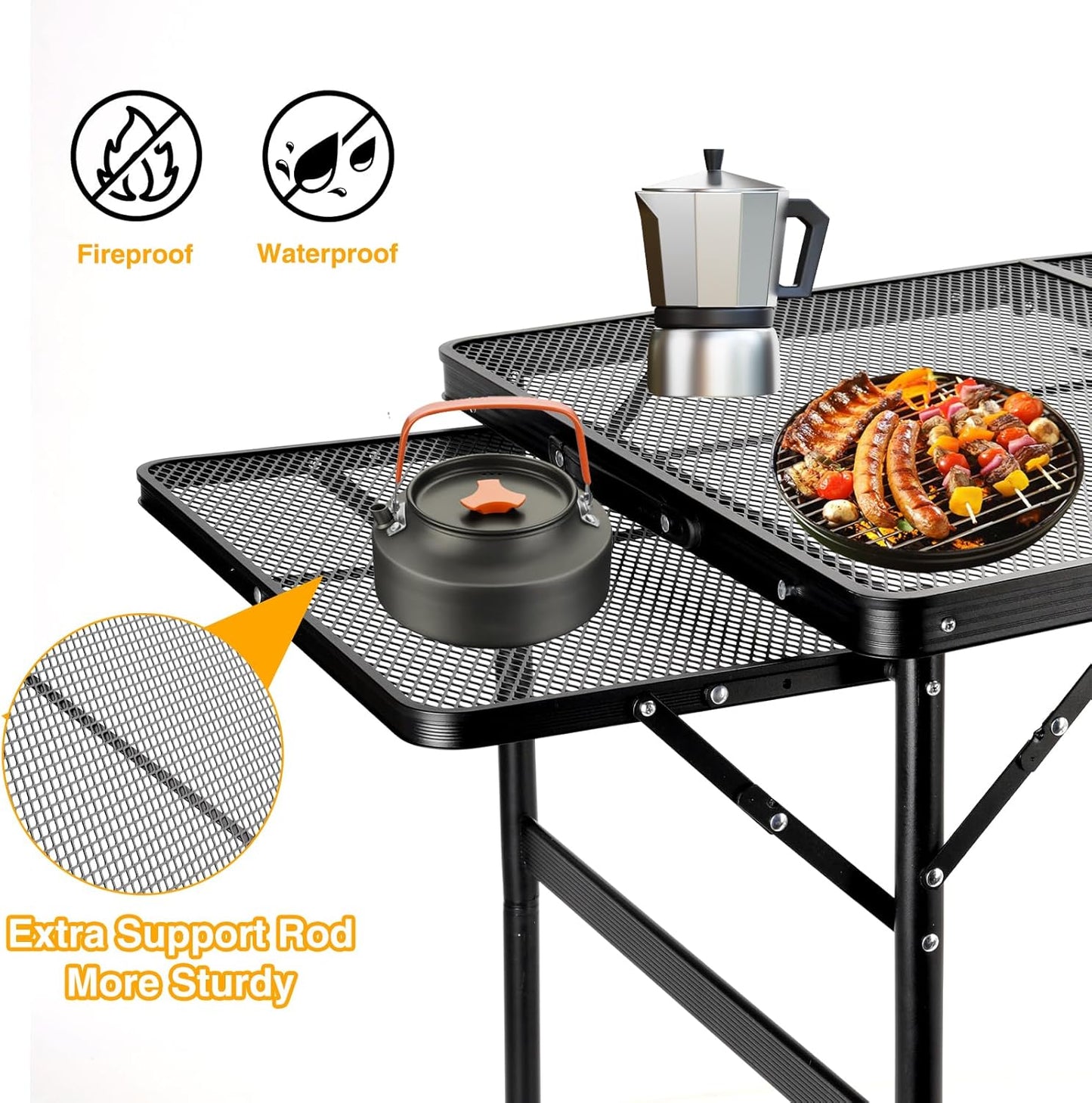 Grill Table Folding Table with 2 Wing Panels 3FT+1.4 FT with with 1×2/5 L Storage Bag Mesh Desktop 2 Height Adjustable Portable Grill for Outdoor Indoor Beach BBQ Picnic Travel RV Black