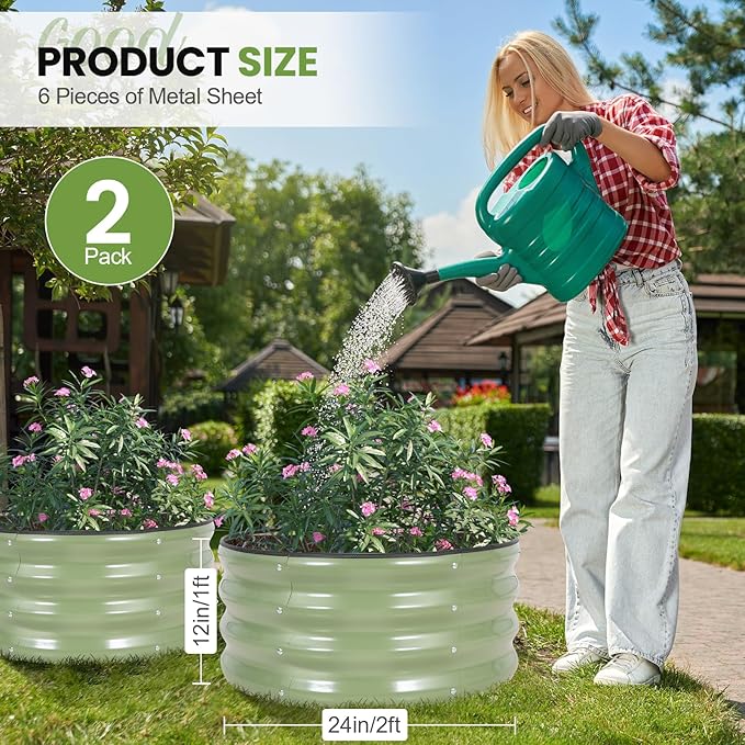 G GOOD GAIN Round Raised Garden Bed - 2Pcs 2x2x1ft Galvanized Steel Planter Boxes Outdoor with Rubber Edge Trim | Metal Raised Beds for Gardening Vegetables Flowers Fruits Herbs (Olive Green)