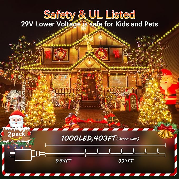 Hezbjiti 2 Pack 1000 LED 403 FT Christmas String Lights Outdoor, 8 Lighting Modes IP44 Waterproof Fairy Lights with Timer and Dimmable Function for Party Tree Decorations (Warm White, Green Wire)