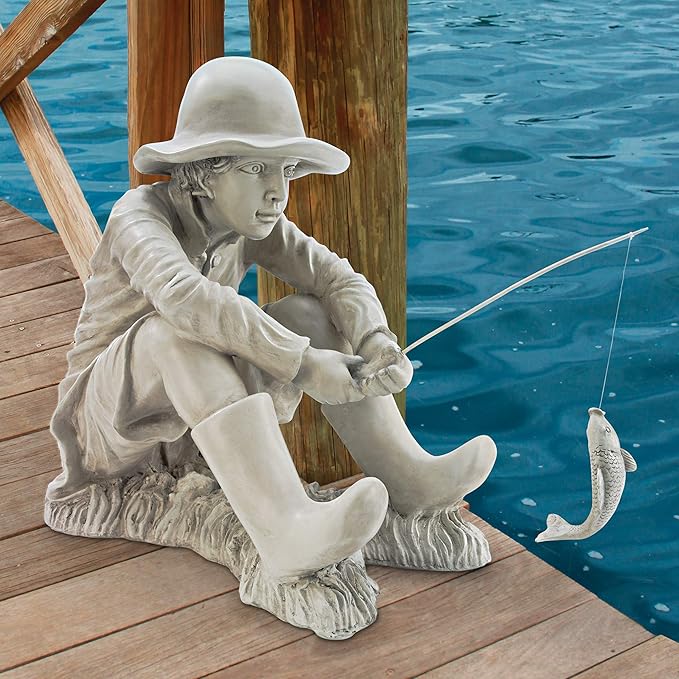 Design Toscano Gone Fishing Fisherman Boy Garden Statue, 17 Inch Tall, Cast Stone Resin, Two Tone Stone Finish