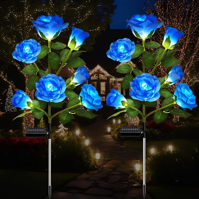 DWH 2 Pack Solar Garden Lights Outdoor, 7-Flower Rose LED Stake Light for Yard Patio Pathway Lawn Fence Cemetery, Blue