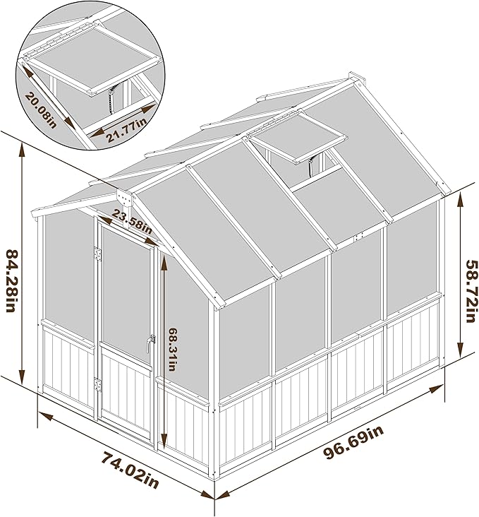 6x8 FT Greenhouse Kit for Outdoor, Thickened Polycarbonate Panel Wooden Walk-in Green House with Lockable Door and Adjustable Roof Vent, Backyard Garden, Black