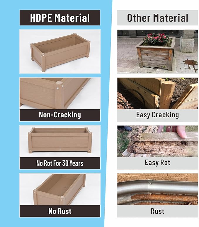 HDPE Raised Planter Box Outdoor,Rot-Resistant and Non-Cracking,Raised Beds for Gardening 29.5 * 14.4 * 9.8 in for Yard,Lawn,Outdoor Planter Boxes Rectangle with Drainage Holes Brown