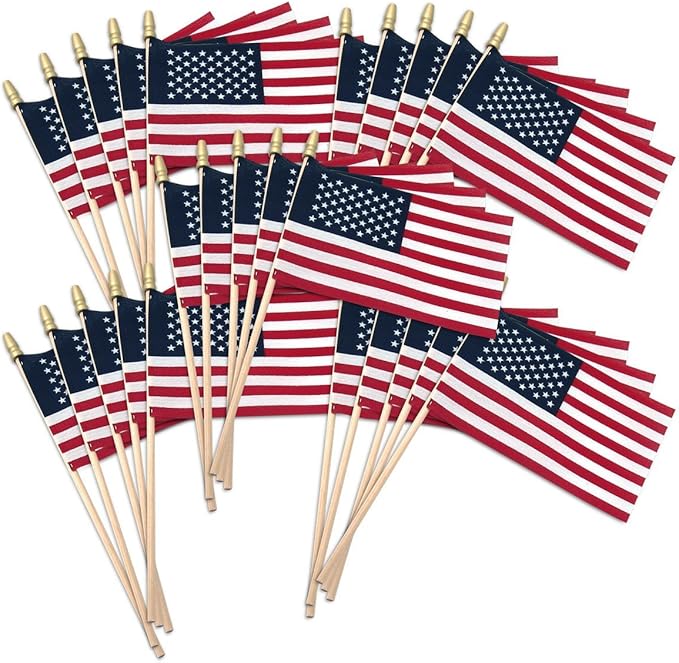 American Flags on Stick - Handheld Spearhead US Flag for 4th of July, Memorial Day Event Decorations - Patriotic Decor for Indoors & Yard - Wooden Stick, Cotton Fabric - (8"x12" - 12 Pack)
