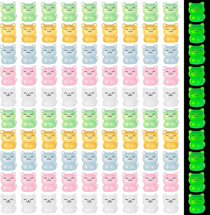 100 Pcs Luminous Mini Cat Figurines Resin Tiny Cat Animal Figurines Glow in The Dark Miniature Cat Statues Ornaments for DIY Cake Decoration Ornaments Crafts Moss Landscape Decoration