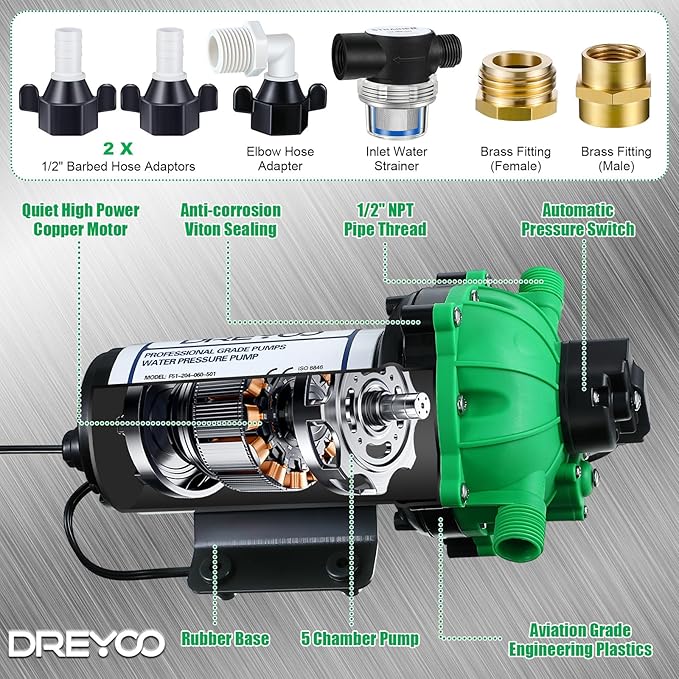 Dreyoo Water Diaphragm Pump, 115V AC, 5.5 GPM, 60 PSI Rated Pressure, 1/2" Threaded MNPT Self Priming Diaphragm Pressure Pump with Pressure Switch for Home, RV, Garden Agricultural Irrigation (Green)
