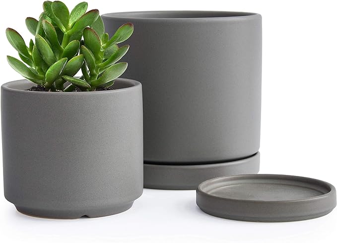 D'vine Dev 4.6 Inch & 6 Inch Ceramic Planter Pots for Plants with Drainage Hole and Saucer, Small Plant Pots Set, Speckled Grey, 94-G-S-3