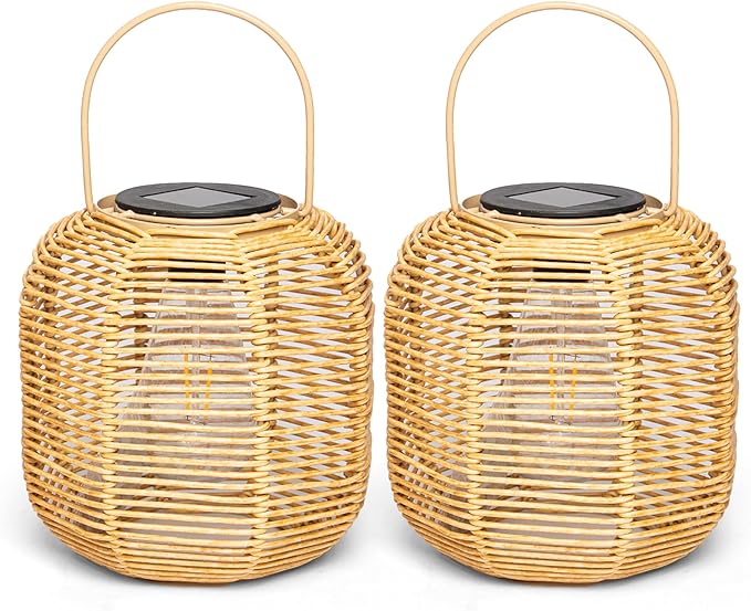 HPC Decor 2 PK Solar Lanterns-Outdoor Solar Lanterns Waterproof, Rattan Solar Lights, Hanging Solar Lanterns Outdoor,Solar Lamp Lights,Decoration Lights for Garden,Patio,Porch,Trees,Pathway,Outside.