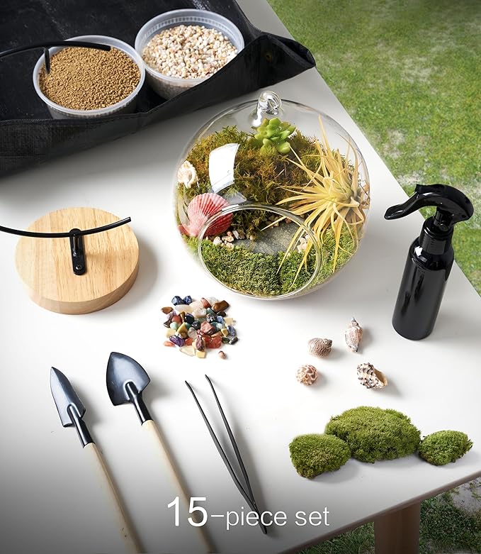 15-Piece Terrarium Kit with Live Moss – DIY Glass Globe Set with Tools, Soil, Stones & Spray Bottle – Indoor Mini Garden Gift for Plant Lovers, Home Decor & Zen Craft