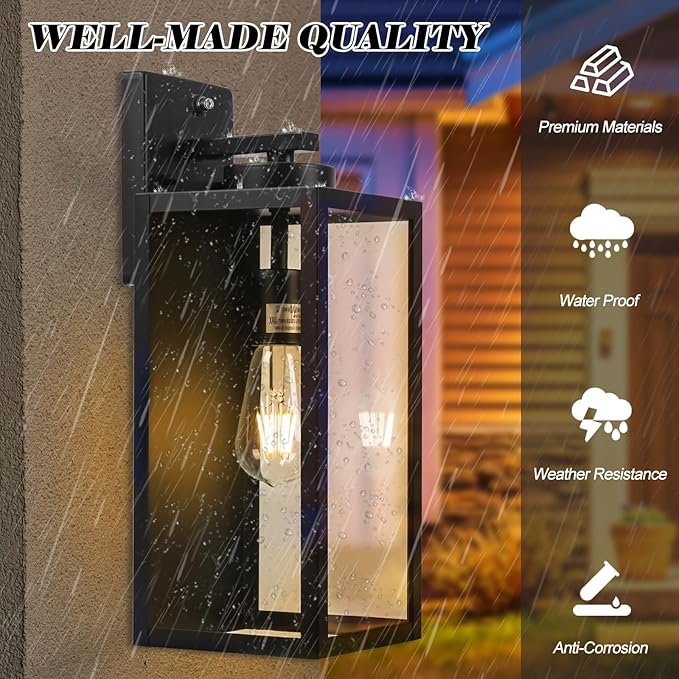 16-inch Dusk to Dawn Outdoor Wall Light Fixture, Large Black Exterior Wall Lantern Waterproof, Farmhouse Porch Sconce Lighting, Modern Wall-Mounted Outside Lights for House Garage, Patio Lamp, 2 Packs