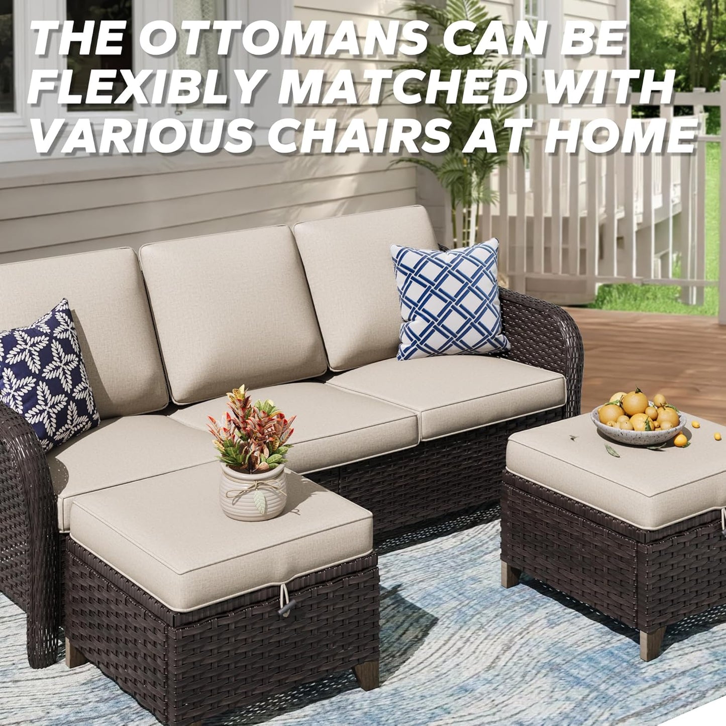 3 Pieces Patio sectional Sofa Set, Outdoor Conversation Furniture Set, 78" 3-Seat Couch with 2 Ottomans, 47" Metal Coffee Table, Rattan Wicker Sofa with Washable Cushions (Beige)