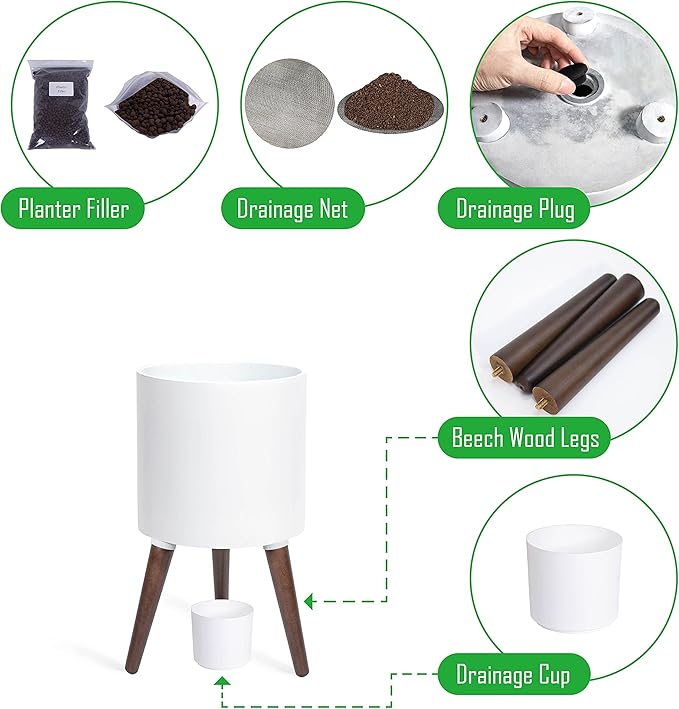 D'vine Dev 10 Inch Planter Pot with Stand, Mid-Century Tall Plant Pot with Legs for Indoor Plants, Medium, White, 88-O-B-1