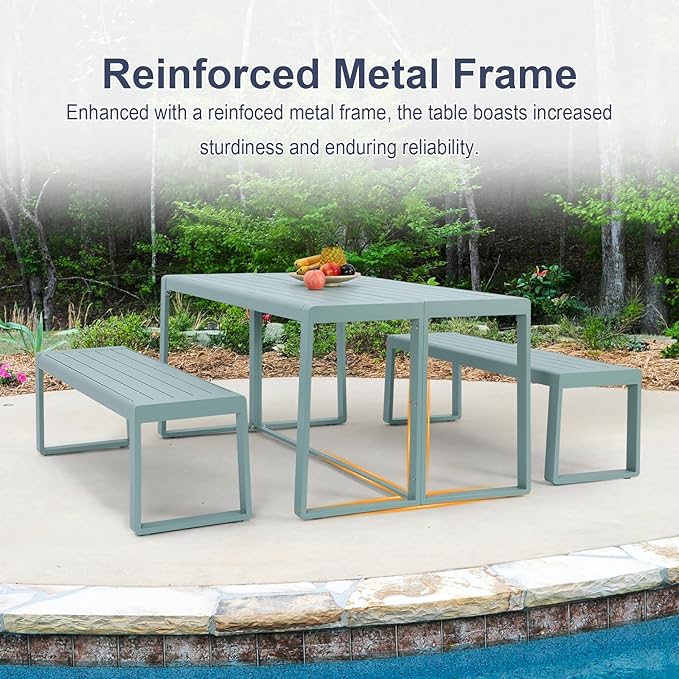 Aoodor 3-Piece Outdoor Patio Dining Set, Aluminum Furniture Set with 1 Rectangular Picnic Table and 2 Benches for Garden, Lawn, Yard