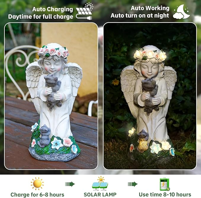 Angel Gifts for Women, Solor Statue for Garden, Angel and Cat Figurine with Lights, Outdoor Decorations for Yard Lawn Patio, Gifts for Mom Grandma Mother in Law Gardener Mother'Day