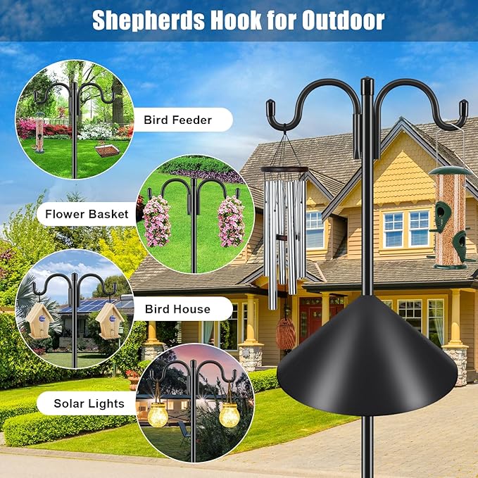 Gtongoko Bird Feeder Pole Squirrel Proof, 108 Inch Double Shepherds Hook for Outdoor with Squirrel Baffles Adjustable Heavy Duty with 5 Prongs Base for Hanging Plants, Bird Feeders, Black