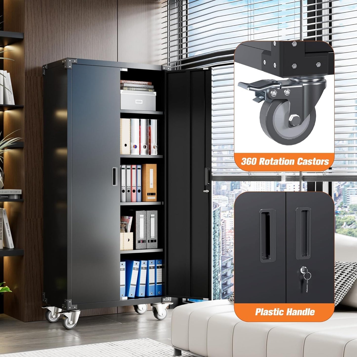 72" H Metal Storage Cabinet with 2 Doors and 4 Adjustable Shelves, Garage Storage Cabinet with Wheels for Garage Home, Required-Assembly,Black