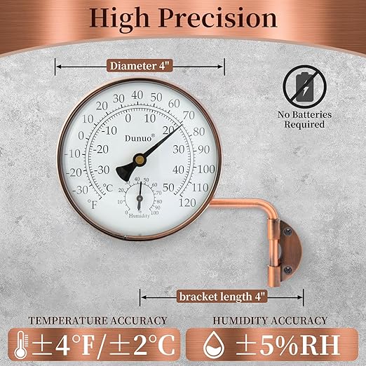 4-Inch Copper Outdoor Thermometer - Analog Temperature Gauge for Patio, Greenhouse and Garage. Decorative, Weather-Resistant, Solid Brass Swivel Design (4inch Thermo&Hygrometer)
