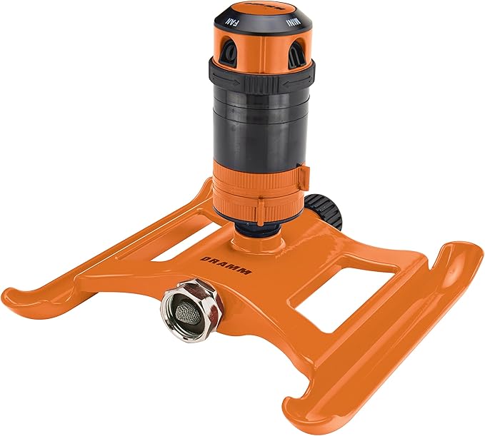 Dramm ColorStorm Gear Drive Sprinkler on Heavy Duty,Durable Metal Base, 4 Patterns, Ideal for Small, Medium & Large Areas with Pass Through Feature, Orange, 40 Foot Diameter