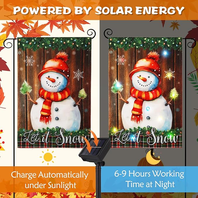 12 Pcs Solar Seasonal LED Garden Flags 12 x 18 Inch Double Sided Yard Flags Halloween Christmas Fall Thanksgiving Day Decorations Welcome Garden Holiday Yard Outside Lawn Decoration