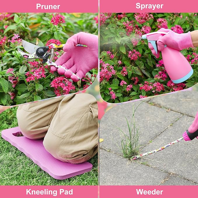 Gardening Tools Set, 10 PCS Stainless Steel Heavy-Duty with Non-slip Soft Rubber Handle with Large Garden Bag, Floral Pattern Gardening Tool Set Gifts for Women Birthday Mother's Day, Pink