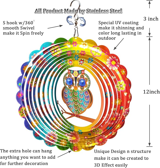 FONMY Wind Spinner Mandala Owl 12 inch 3D Stainless Steel Laser Cut Metal Art Geometric Pattern Hanging Wind Spinner, Kinetic Yard Art Decorations - Indoor/Outdoor Décor