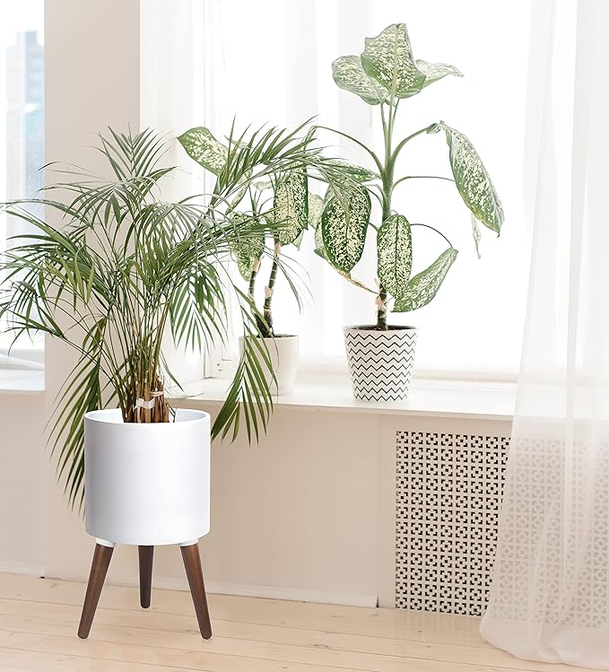 D'vine Dev 12 Inch Planter Pot with Stand, Mid-Century Tall Plant Pot with Legs for Indoor Plants, Large, White, 88-O-C-1