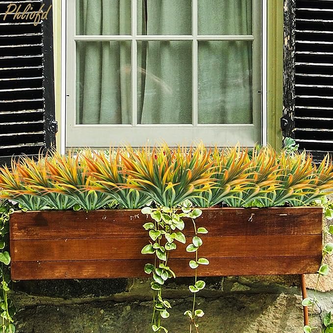 32 Pcs Artificial Grass Fake Plants 17.3in Outdoor Plastic Plants UV Resistant Greenery Fake Grass for Home Window Garden Office Patio Hanging Planter Pathway Front Porch Décor Orange Yellow