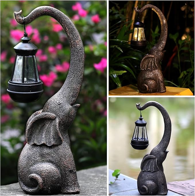 15" Outdoor Sculpture Figurine Statue Elephant Decorations Solar Garden Statues for Patio Home Yard Decor Good Luck Garden Elephant Birthday Gifts for Woman, Mom Family