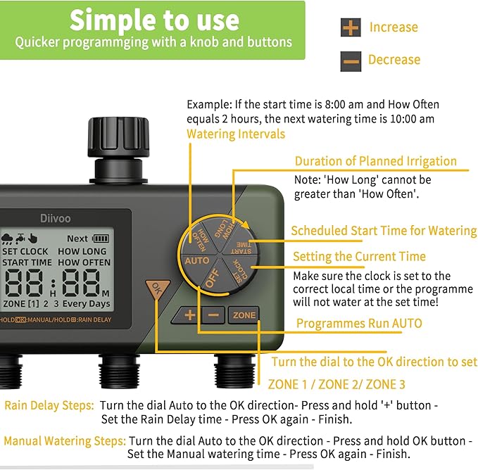Diivoo Sprinkler Timer 3 Zone, Water Hose Timer 3 Outlet for Garden, Programmable Automatic Irrigation Timer with Rain Delay and Manual/Auto Mode Watering IP54 for Lawn, Yard, Pool