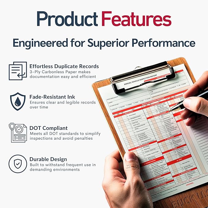 100 Pack 3-Ply Carbonless Annual Vehicle Inspection Report Forms with FMCSA Red Aluminum Adhesive Labels, DOT Inspection Forms and Stickers, Shrink-Wrapped, 8.5" x 11.75" - Made in USA