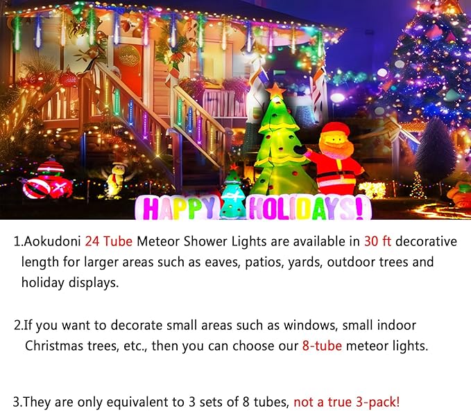 Aokudoni Christmas Lights 24 Tubes Meteor Shower Outdoor, Indoor Outside Decorations Icicle Snow Falling Rain for Tree Yard Party, UL Plug, Multi Color