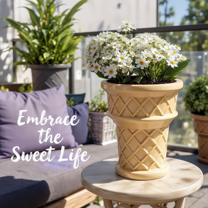Fun & Unique Ice Cream Cone Flower Planter Charming 7" Tall Ceramic Vase for Indoor & Outdoor Home Decor – Quirky Retro Garden Art for Plant Lovers