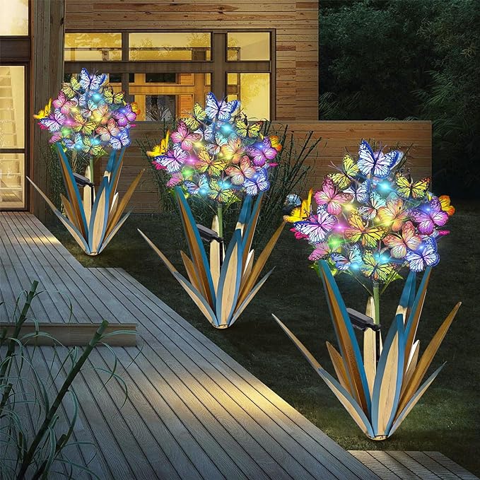 Homight Solar Metal Agave Butterfly Flower Stick Garden Sculpture Outdoor Gift Solar Garden Christmas Lights Swaying Butterfly Sunflower Garden Lights Solar Outdoor (3 PCS Blue)