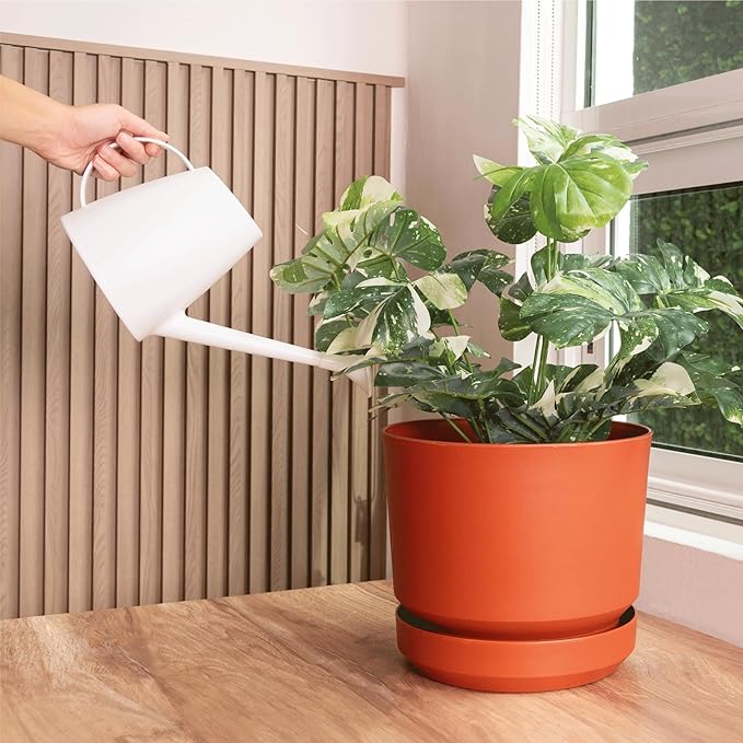 Elly Décor 8 inch Plastic Cylinder Planter Pot with Self-Watering Saucer and Drainage Hole,Lightweight & Extremely Durable, 8"x 8", Terracotta