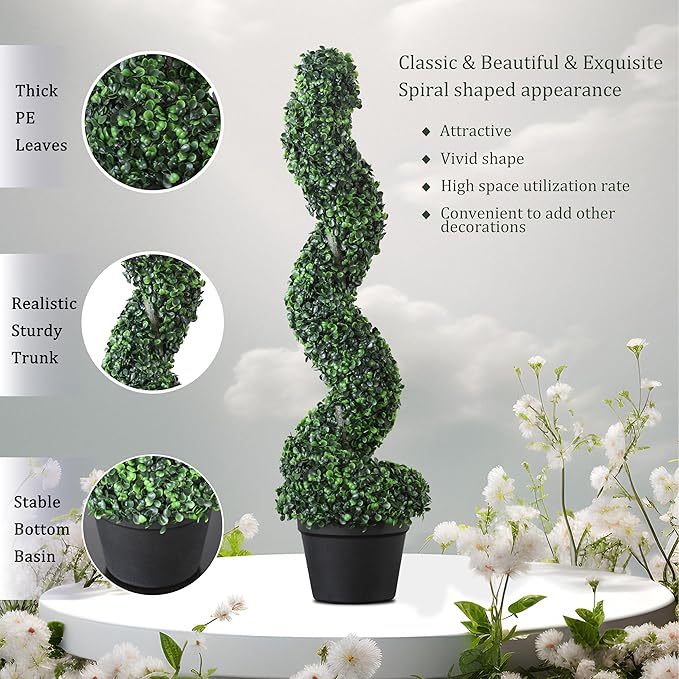 39 inchBoxwood Artificial Cedar Spiral Topiary Trees – Decorative Fake Greenery in Planter Pots for Front Porch, Outdoor Walkway, Entryway Decorating, Set of 2