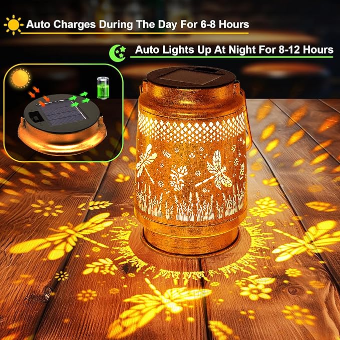2 Pack Solar Lanterns Outdoor Garden Decor with Shepherd Hook, Gardening Gifts for Mom Grandma Women Dragonfly Metal Decor Lantern Waterproof Solar Lights LED Decorative for Garden Yard Patio