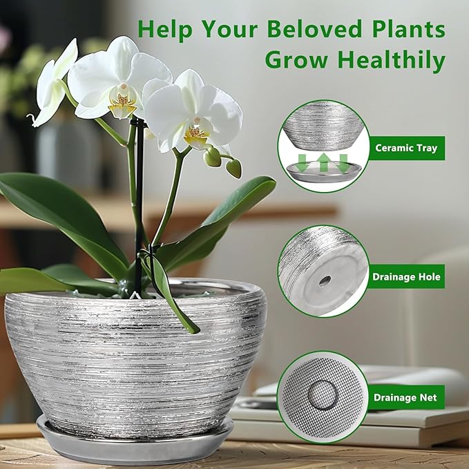 Flower Pot for Indoor Plants - Ceramic Planter 11 Inch Plant Pot with Drainage Hole and Saucer Large Decorative Planter Outdoor Mid-Century Planter for House Decor Silver