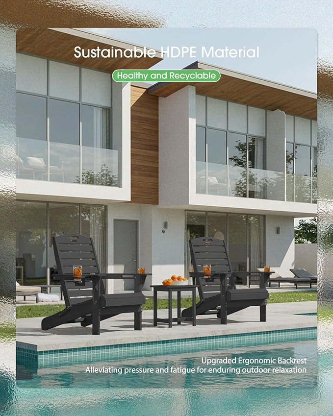 Folding Adirondack Chair HDPE All-Weather Adirondack Chairs with Cup Holder, Outdoor Fire Pit Chairs Lawn Chair for Deck Patio Garden (Black)