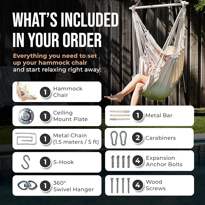Hanging Hammock Chair Swing – Hanging Chair Outdoor & Indoor - Hammock Swing Chair – Quick & Easy Setup with Hardware Kit – Durable & Spacious Full Body Support – Holds 440 Lbs
