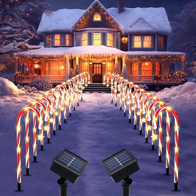 2 Set 24 Pack Upgraded Solar Christmas Candy Cane Lights, 18.6 Inch 144LED Outdoor Pathway Stake Lights with 8 Modes, Solar Candy Cane Lights for Decor Lighting Walkway Yard Garden Xmas Decorations