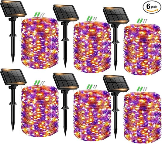 6 Pack Solar Fairy Lights for Outside Waterproof, 49FT/15M 150LED Solar String Lights Outdoor 8 Modes Solar Twinkle Lights for Garden Yard Halloween Decor, Orange-Purple