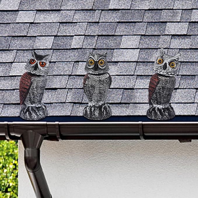 Hausse 3 Pack Bird Scarecrow Fake Horned Owl Decoy, Rotating Head Plastic Owl Bird Deterrents, Nature Enemy Horned Pest Repellent for Outdoor Garden
