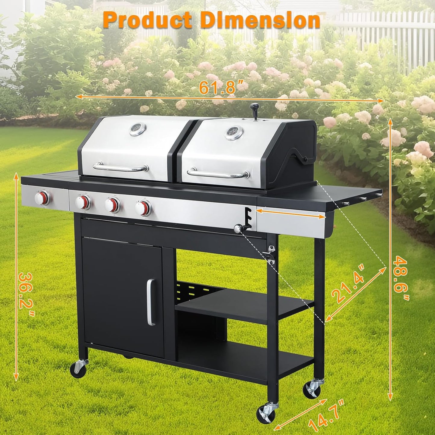 3-Burner Gas and Charcoal Combo Grill with Griddle Plate, 37,230 BTU, Stainless Steel & Enameled Grates, Side Burner + Storage Cabinet for Backyard, Tailgating, Teppanyaki