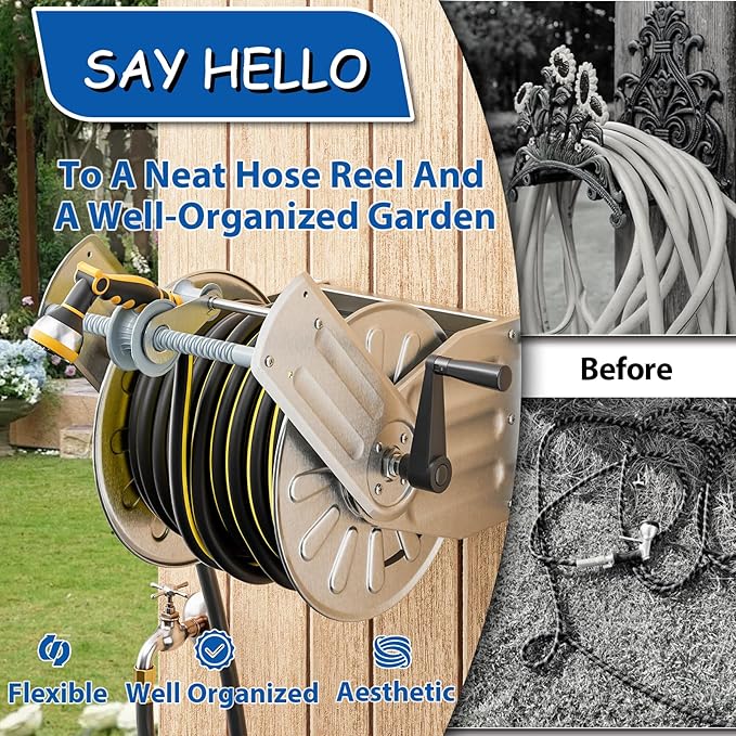 GREENER Stainless Steel Hose Reel for Outside,Wall Mount Garden Hose Holder Heavy Duty Metal Reel, 3/4" Solid Connector with 5/8" Inlet Hose and Crank,100-Feet 5/8" Hose Capacity