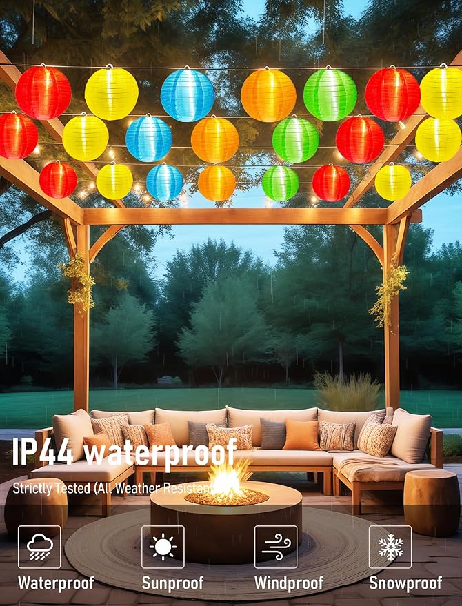 G40 LED Outdoor Lantern String Lights, 25FT Multicolor Patio String Lights with 10 Chinese Lanterns, Plug in Nylon Lantern Lights Waterproof UL Listed for Backyard Party Birthday Wedding Christmas
