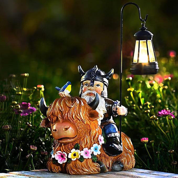 Garden Gnome Outdoor Statue 12 Inch Highland Cow Gnomes Decorations for Yard Patio Lawn Porch Birthday Gifts for Women Men, Mother’s Day, Housewarming with Solar Light Funny Decor for Outside