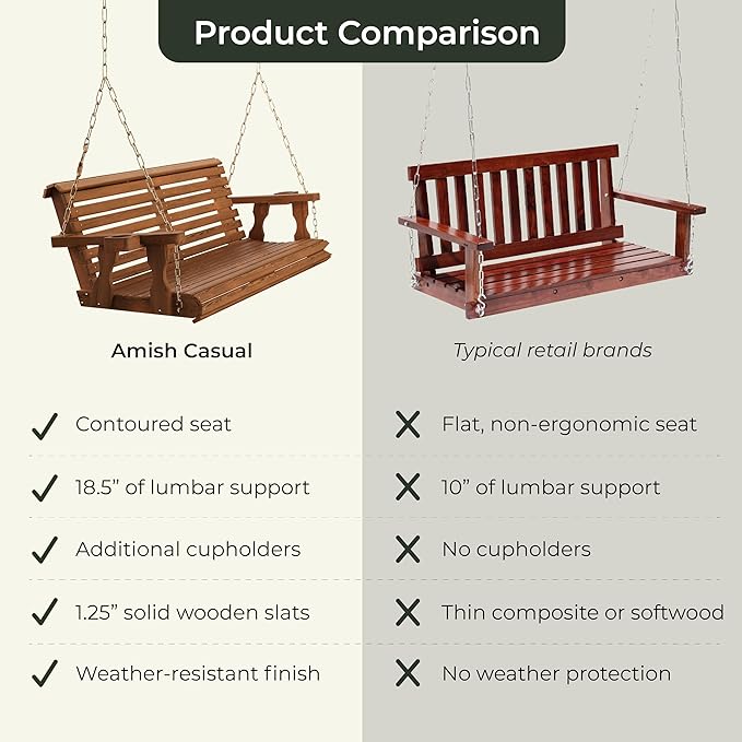 Amish Casual 6 Foot Roll Back Porch Swing with Cup Holders in Unfinished - Amish Made in The USA from Treated Pine Heavy Duty 700 Lb. Weight Capacity