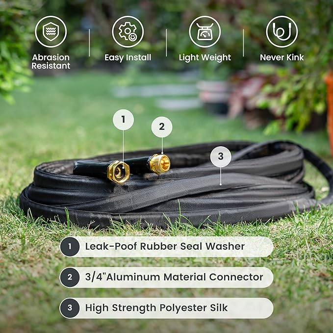 Giraffe Tools Garden Hose 50FT Lightweight Lay Flat Water Hose Kink Free Flexible Hose with 9 Spray Function Nozzle（Black）
